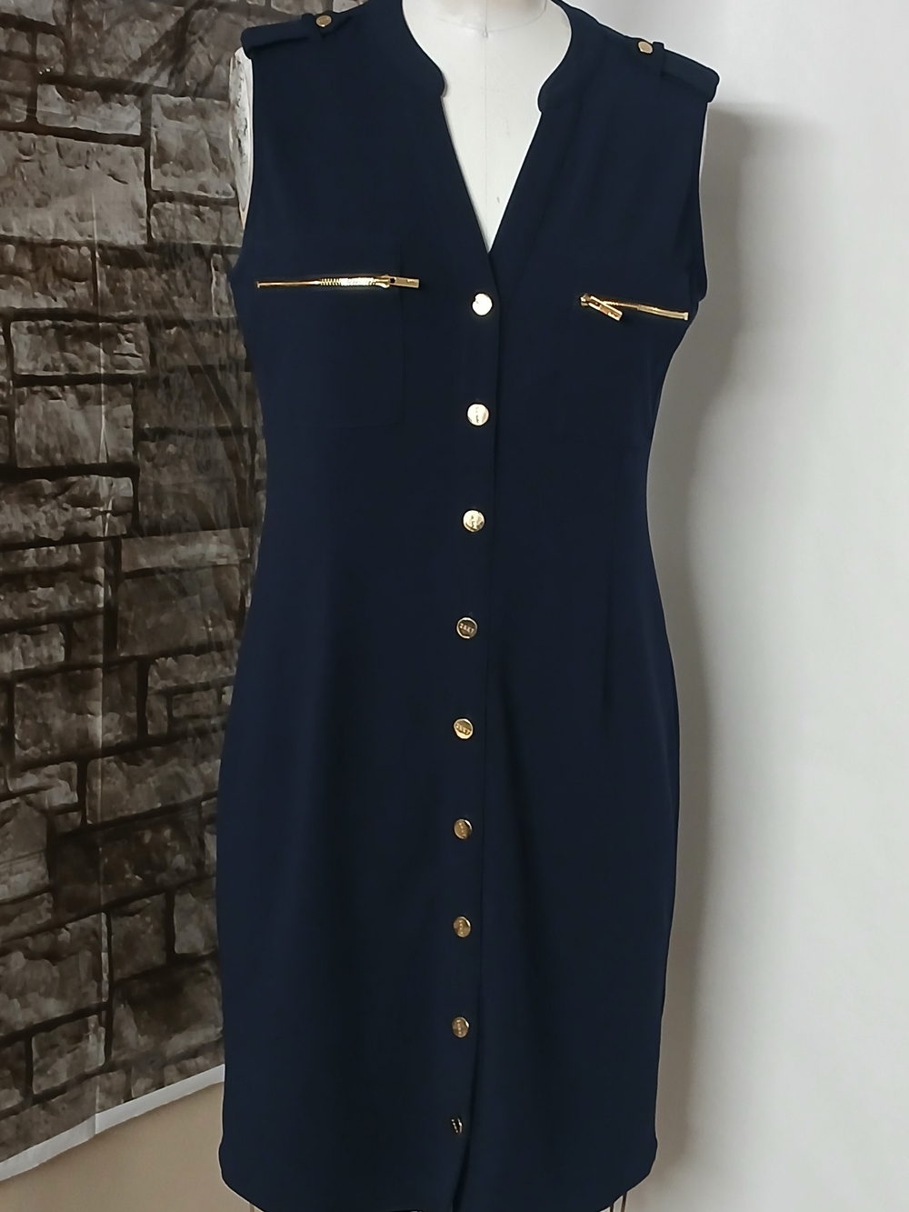 DKNY Navy Sleeveless Shift Dress with Gold Hardware